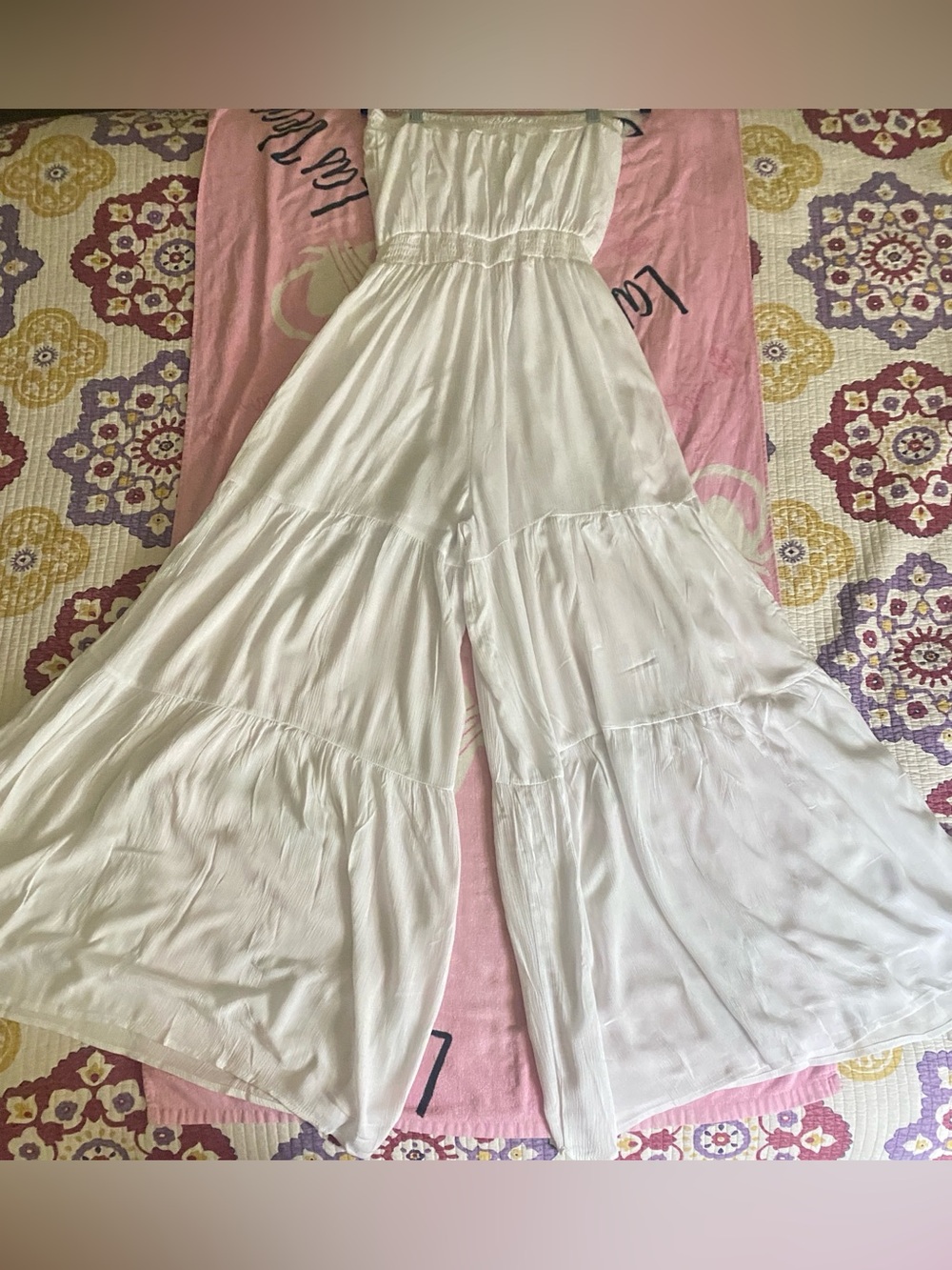 Charlotte Russe White Strapless Wide-Leg Tiered Jumpsuit